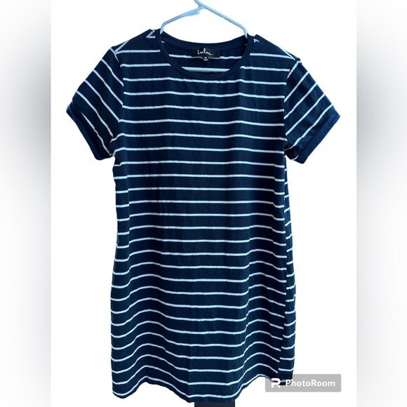 Lulus Cafe Society Navy Blue Striped Shirt Dress Size M Pre Owned - Picture 5 of 9